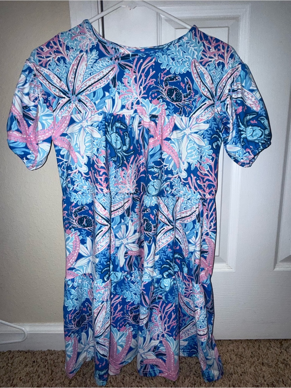 Simply Southern Blue Pink Tropical Starfish Short Sleeve Dress